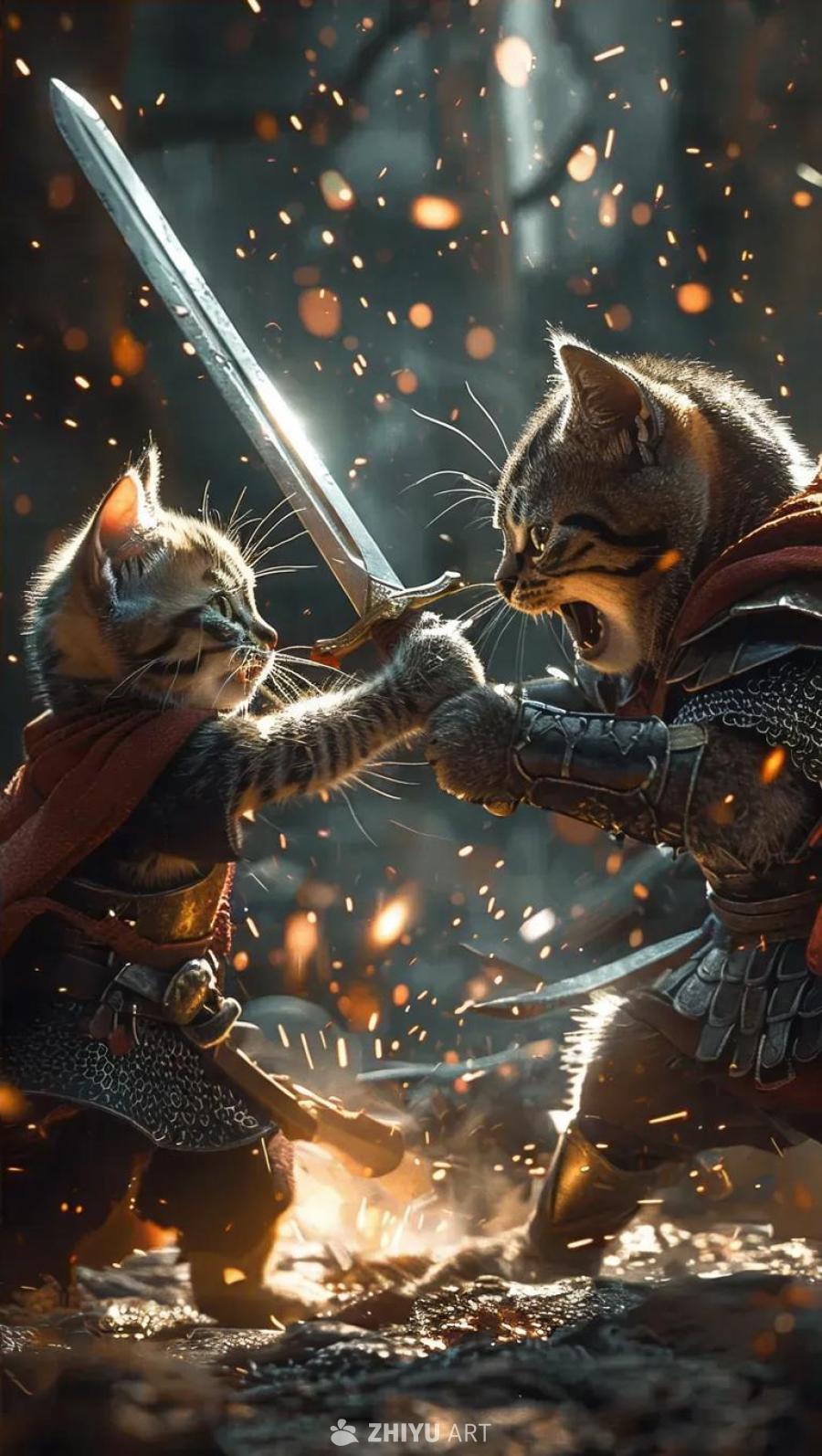 一只穿着战士束腰外衣的小猫，与一只体型庞大、面目狰