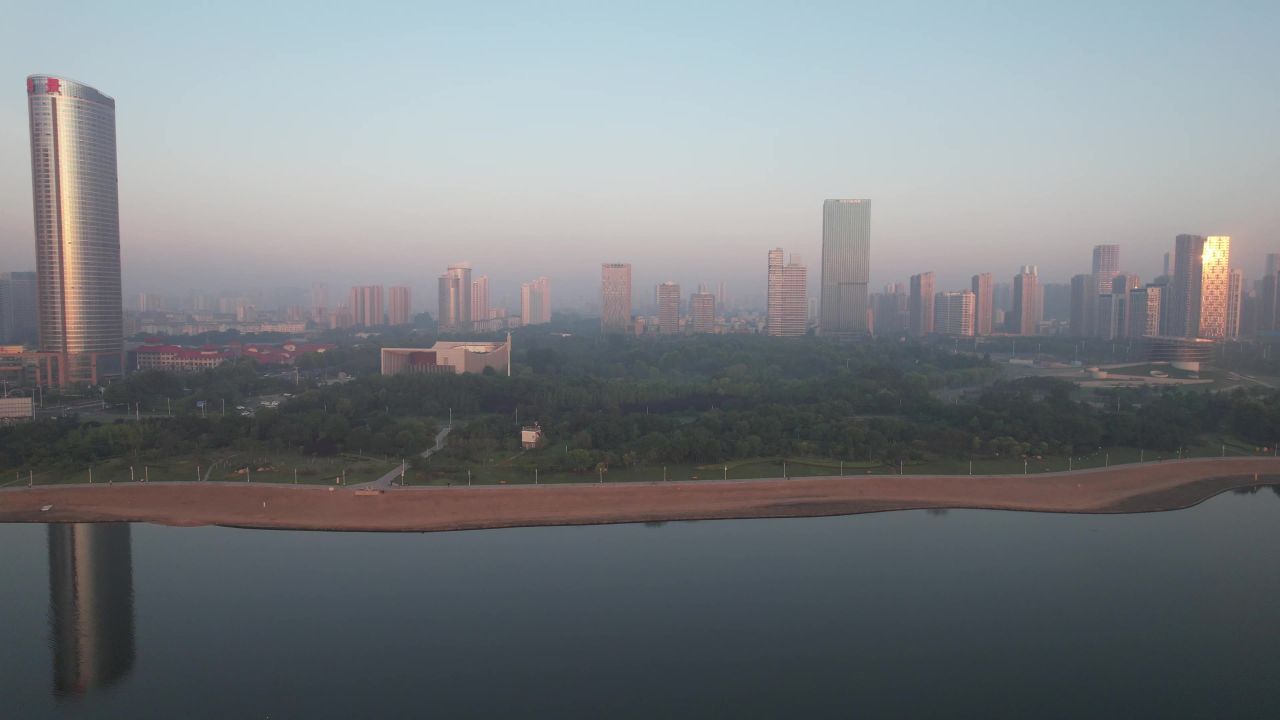 山东日照城市清晨高楼建筑航拍