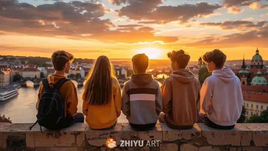 五个青少年坐在石墙上，背对着镜头，观看欧洲城市的日