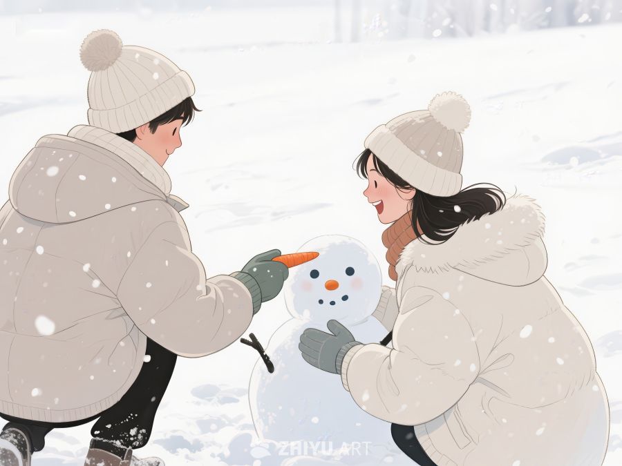 冬日雪地，两人合作堆雪人 120