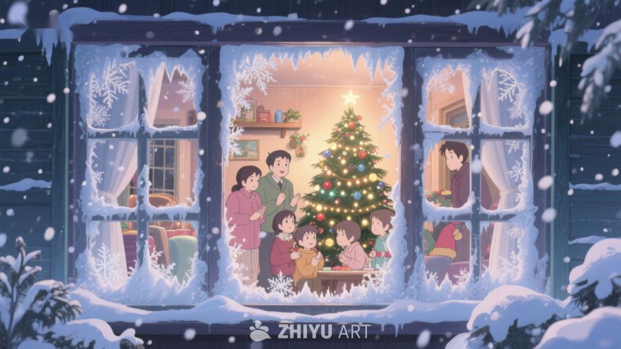 窗外雪景中的温馨圣诞夜 2