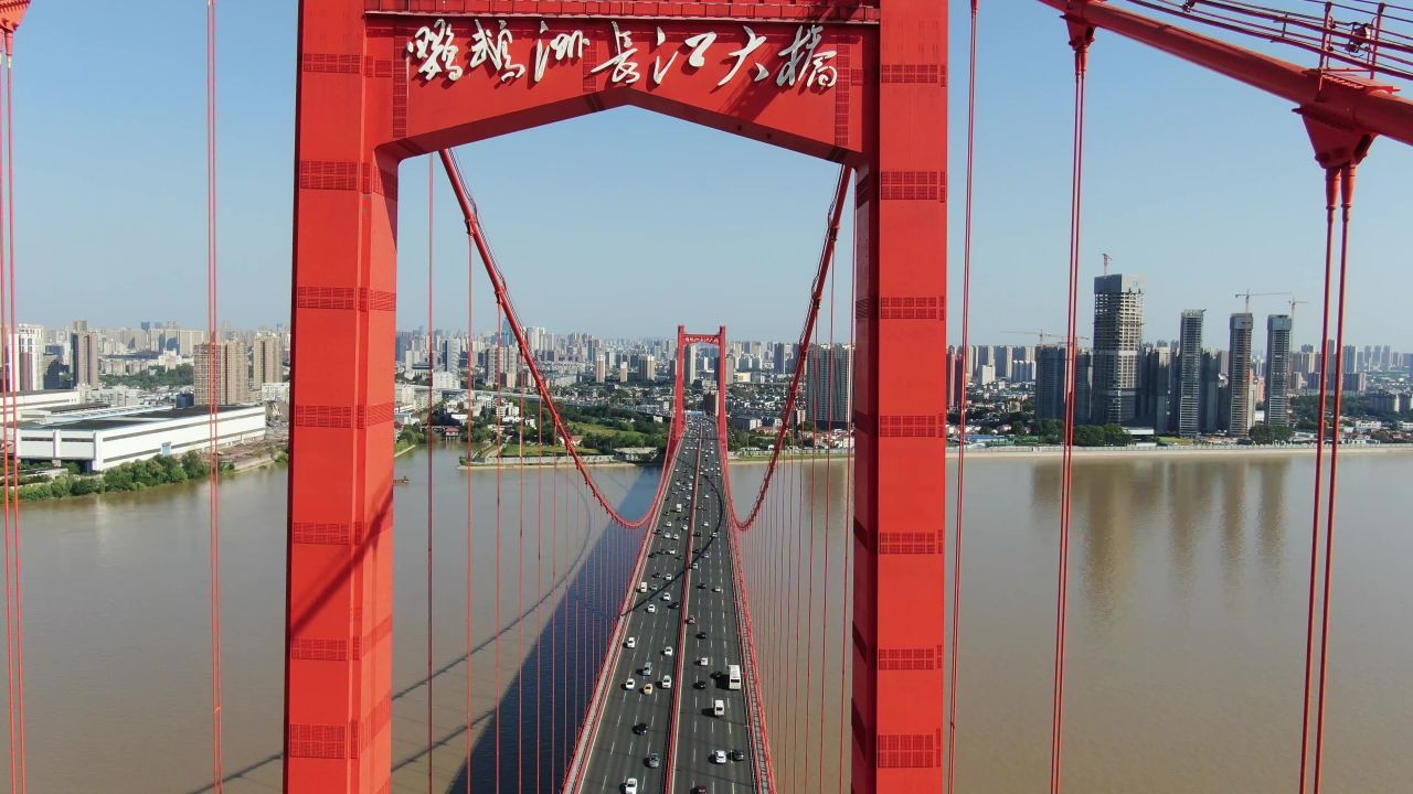  湖北武汉长江鹦鹉洲大桥交通航拍