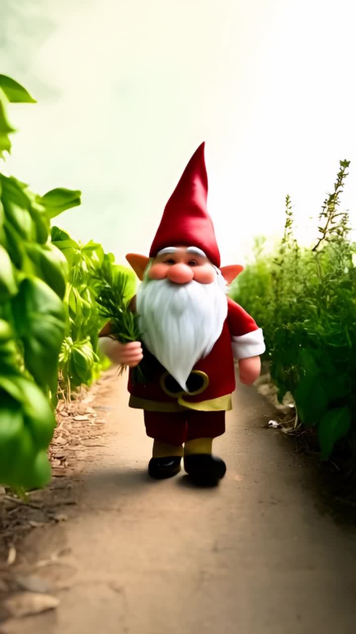 一个迪士尼风格的侏儒自然地走在一条小路上，一只脚放