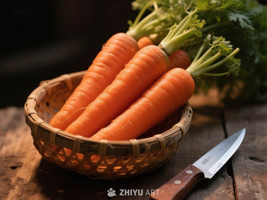 新鲜胡萝卜置于竹篮，旁配小刀 475