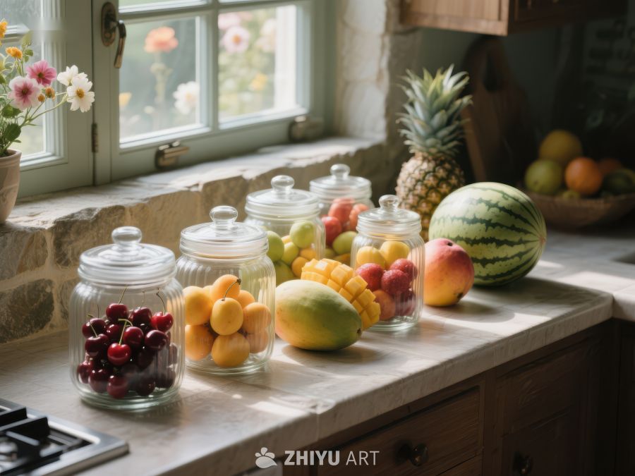 厨房窗台上的新鲜水果与罐装食品 120