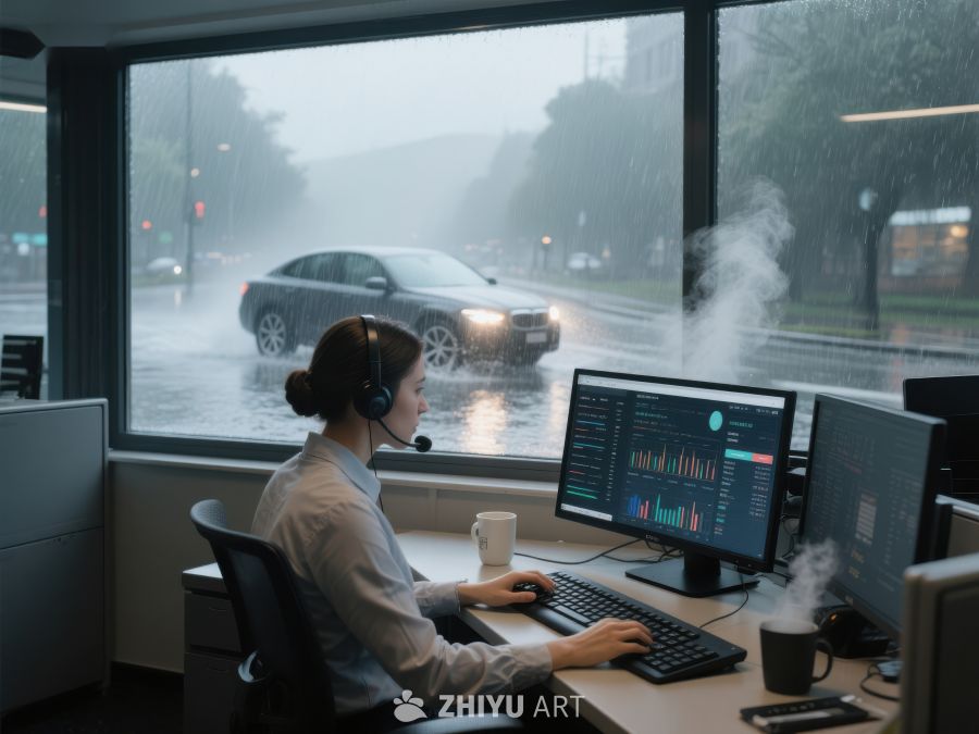 雨中办公室内的数据分析工作 432