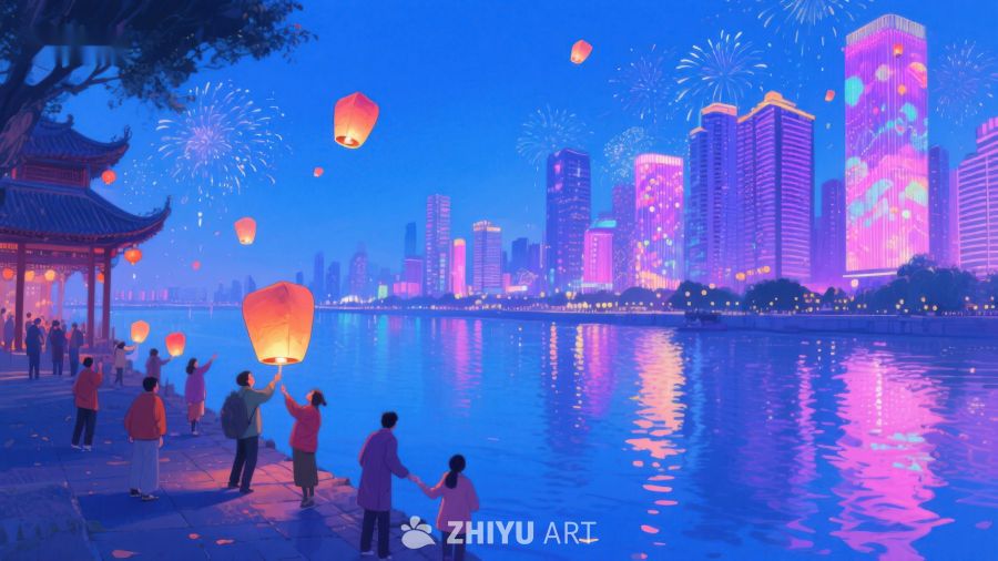夜景河畔放飞孔明灯 1186