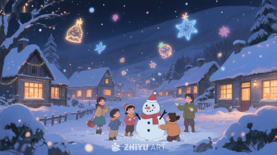 冬夜雪地，孩子们与雪人共度欢乐时光 95