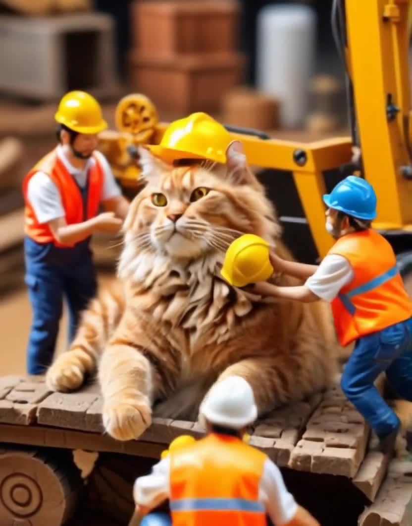 一只毛发蓬松的橘猫戴着黄色安全帽，躺在一辆木制平板