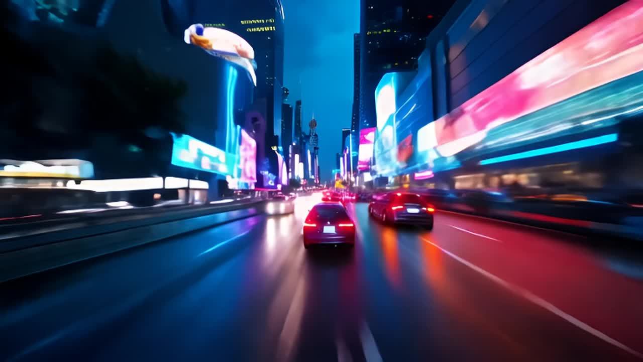 夜间，多辆汽车行驶在城市街道上，周围是高耸的建筑和