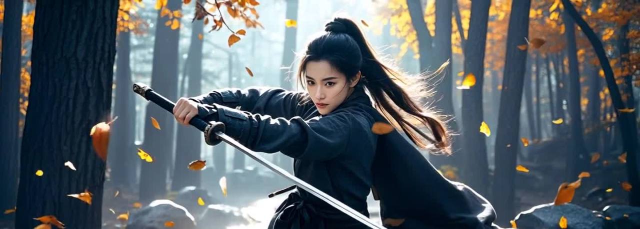 手持武士刀的黑衣女子，秋日树林中的决斗。