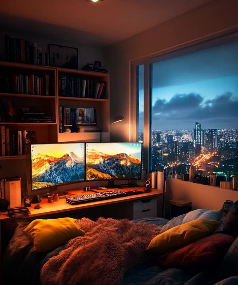 房间内，一张床铺占据了前景，床上有黄色和红色的枕头