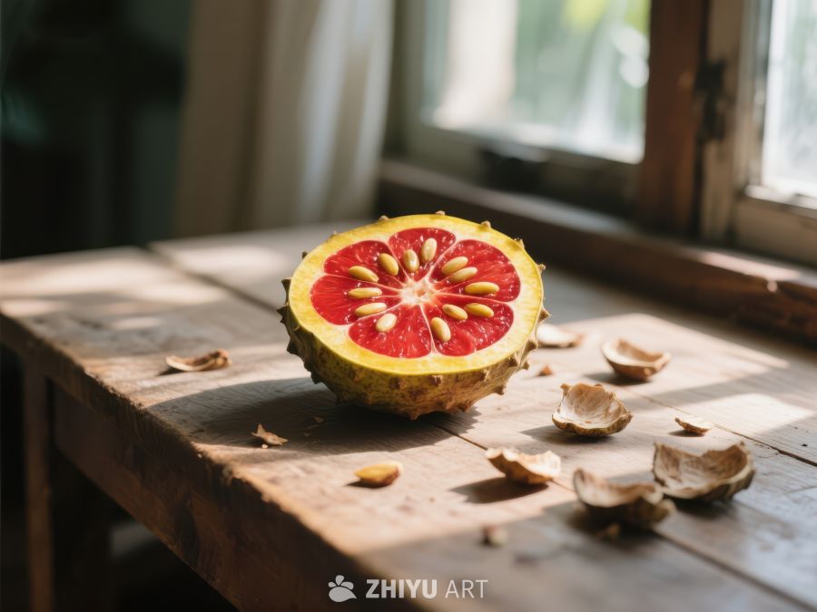 切开的红心柚子置于木质桌面上 398