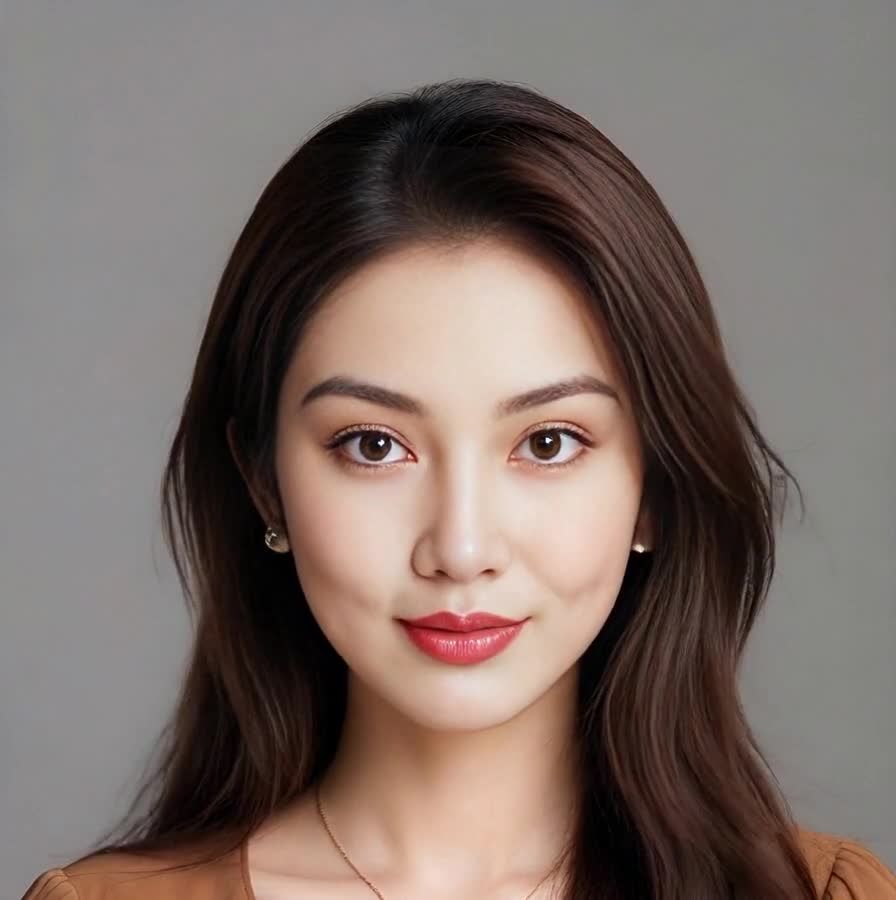 一位年轻女性的正面肖像，她有着棕色的眼睛和长长的波