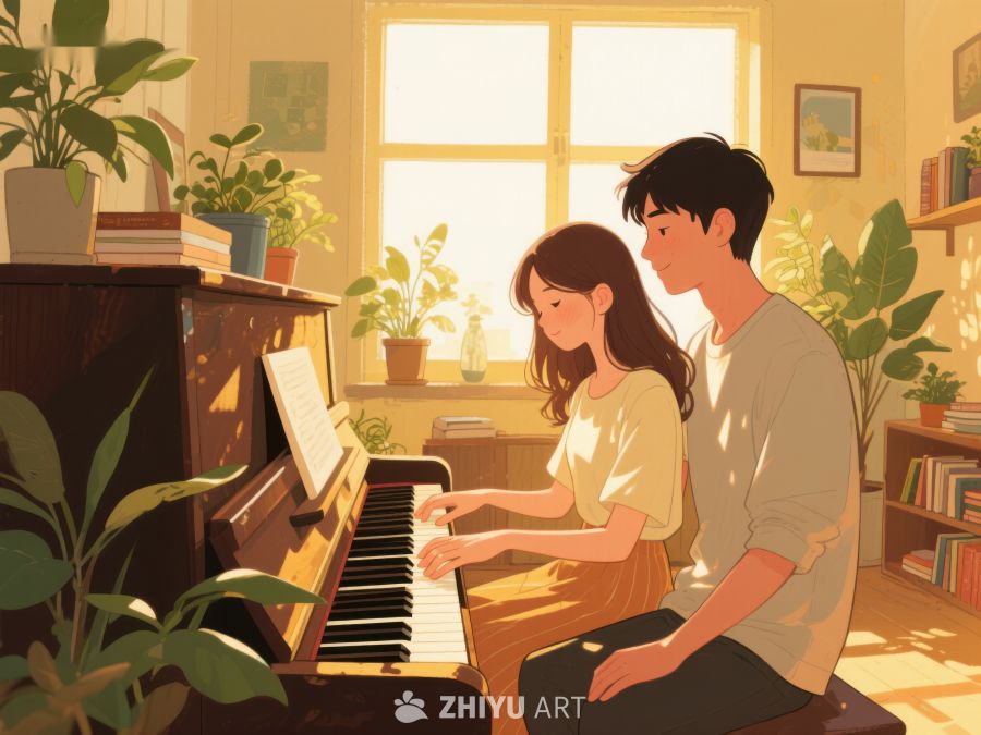 温馨室内，两人共奏钢琴 797
