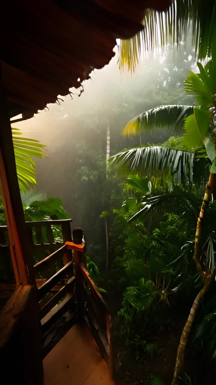 从丛林小屋的阳台上欣赏雨景，聆听雨滴的旋律，放松身