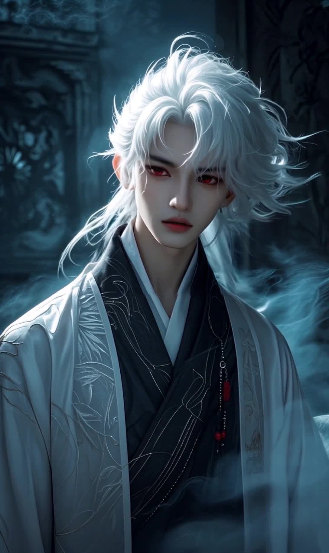 红瞳白发男子，着黑白袍，幽暗背景。
