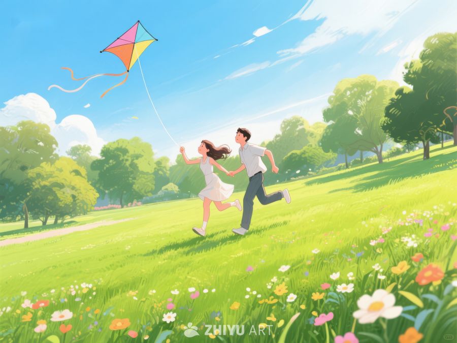 公园里放风筝的快乐情侣 166