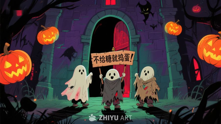 万圣节幽灵讨糖，城堡前欢乐场景