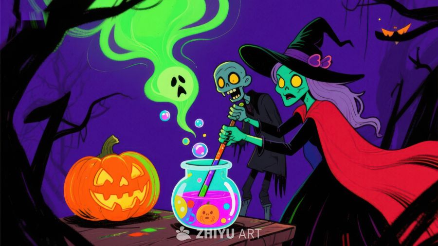 万圣节女巫与骷髅的魔法之夜
