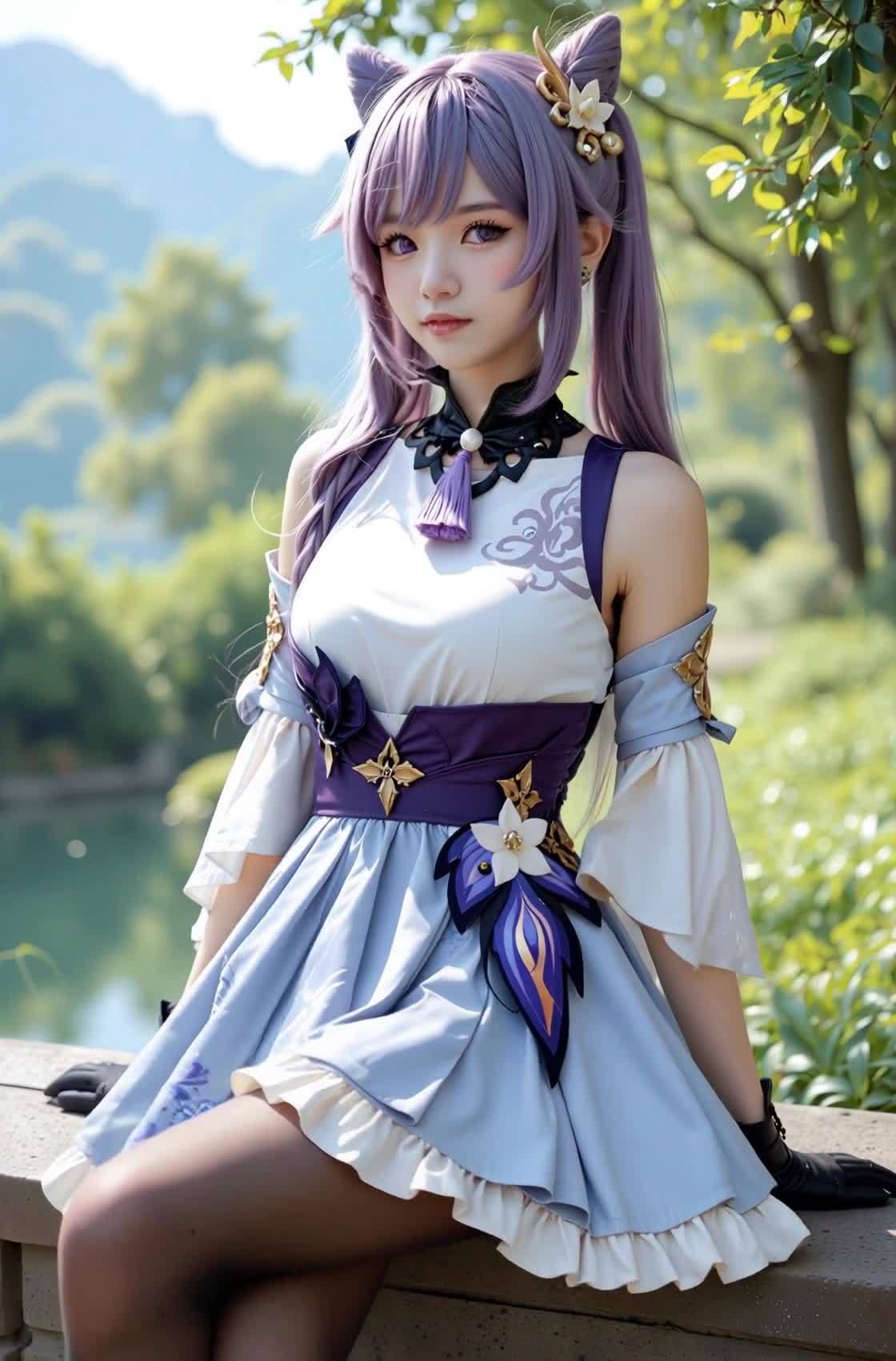 紫发猫耳少女户外蓝紫白裙装