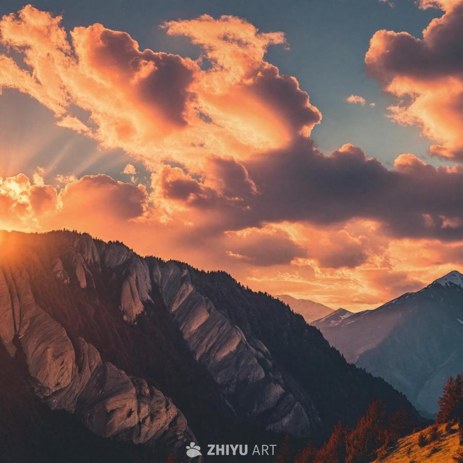 连绵的山脉在画面中，背景是壮观的日落。太阳正在山后