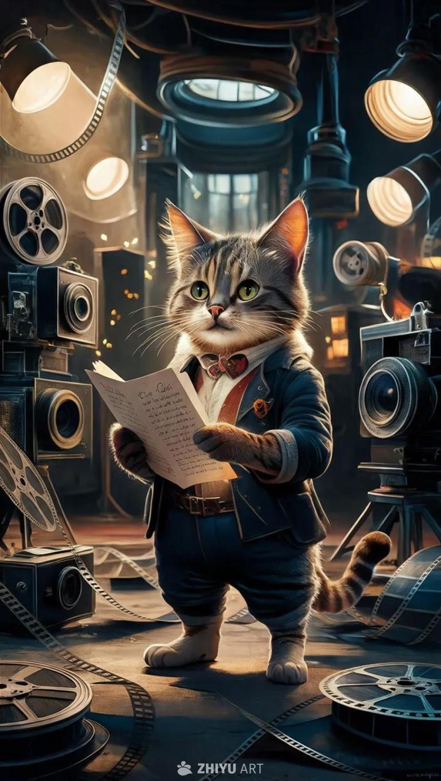 一只猫站在电影布景中，手里拿着剧本。周围有胶片卷轴