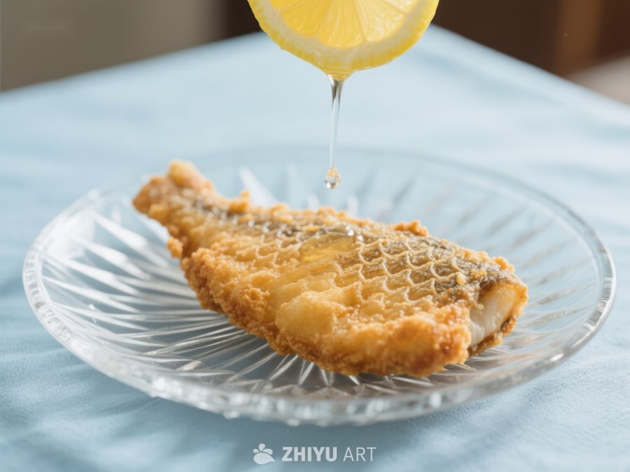 柠檬汁滴落炸鱼片