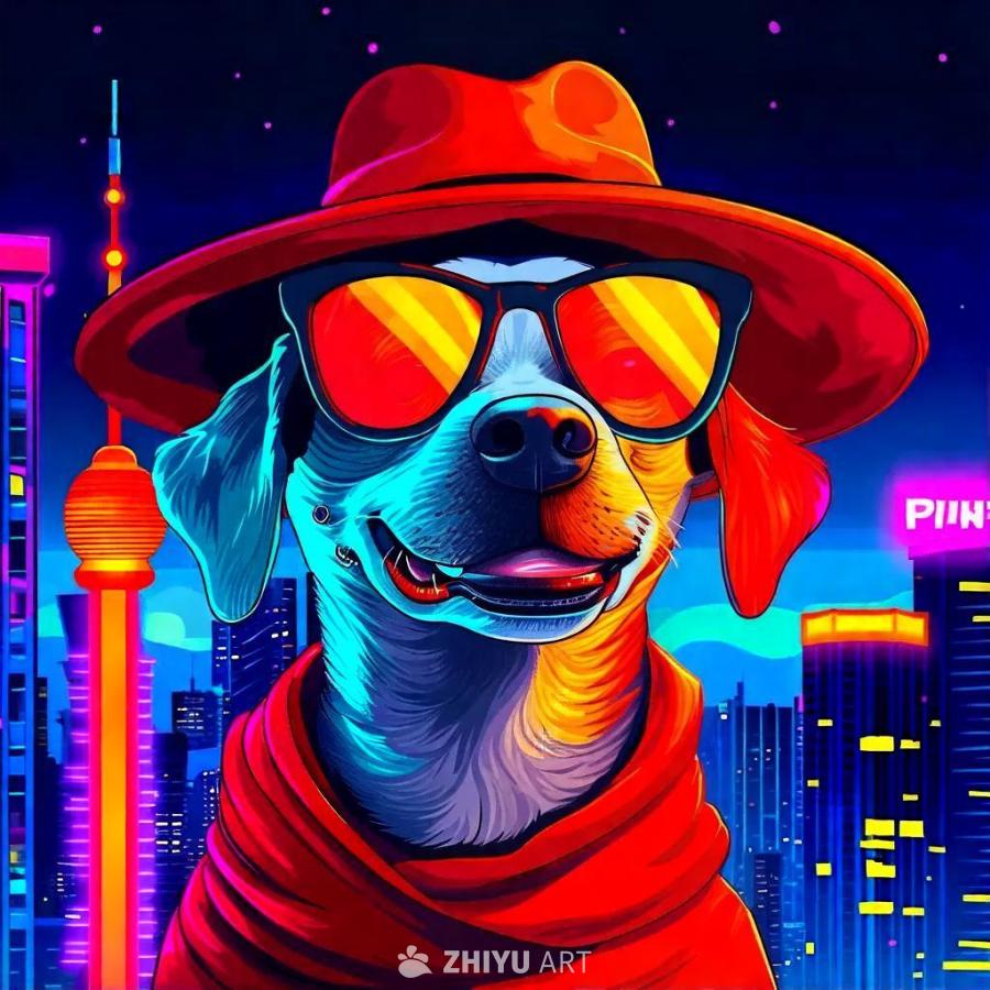 一只卡通狗站在夜晚的城市景观中，自信地笑着。它戴着
