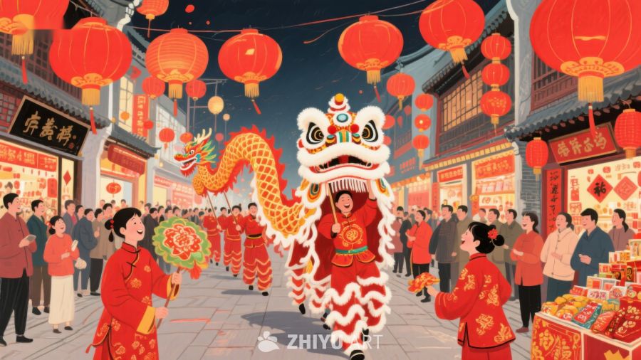 热闹春节街景与舞龙舞狮表演 763