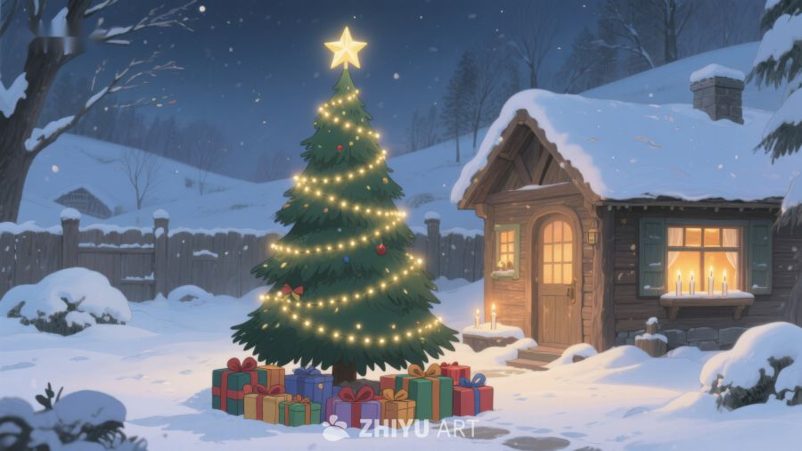 雪夜中的圣诞树与小屋 462