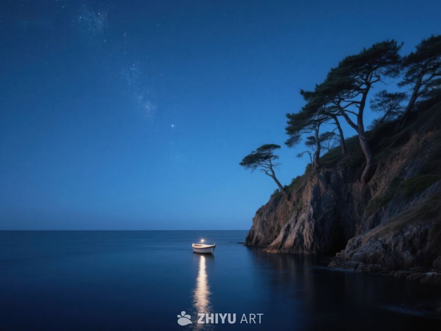 夜空下的孤舟与松林 305