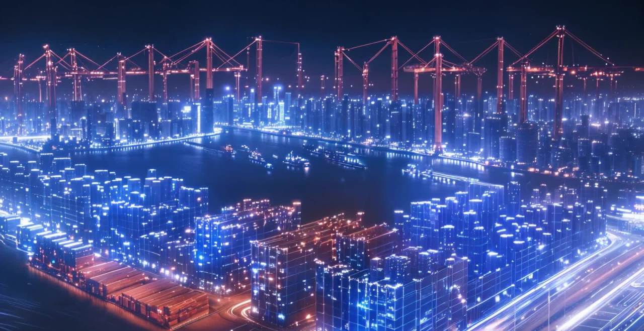 城市的夜景中，高楼大厦闪烁着蓝色的光芒，道路上车辆