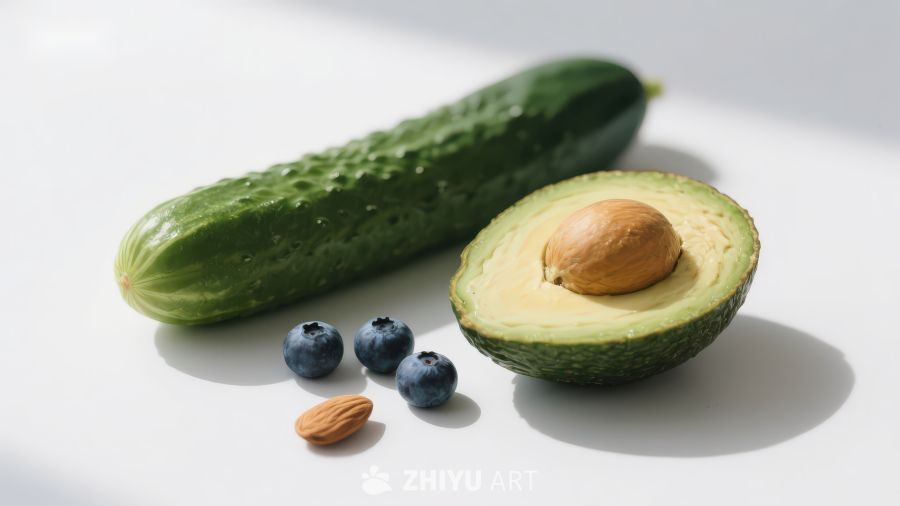 黄瓜牛油果蓝莓坚果静物