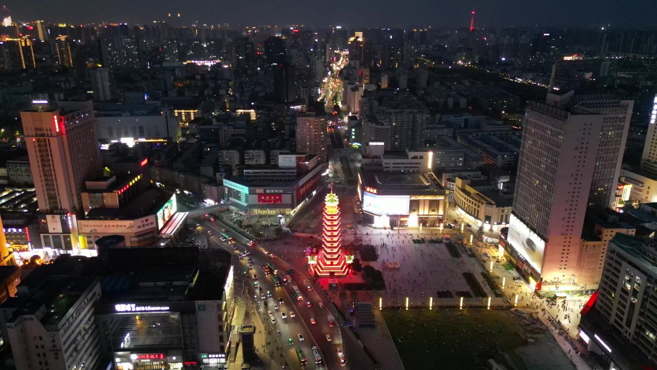 河南郑州城市交通夜幕降临航拍