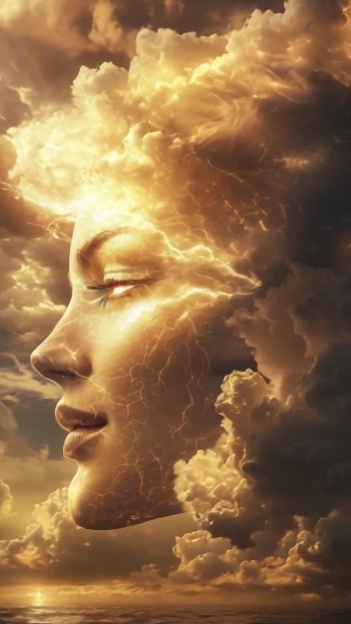 一张女性的脸，侧面朝向，逐渐转向正面。脸部与天空相
