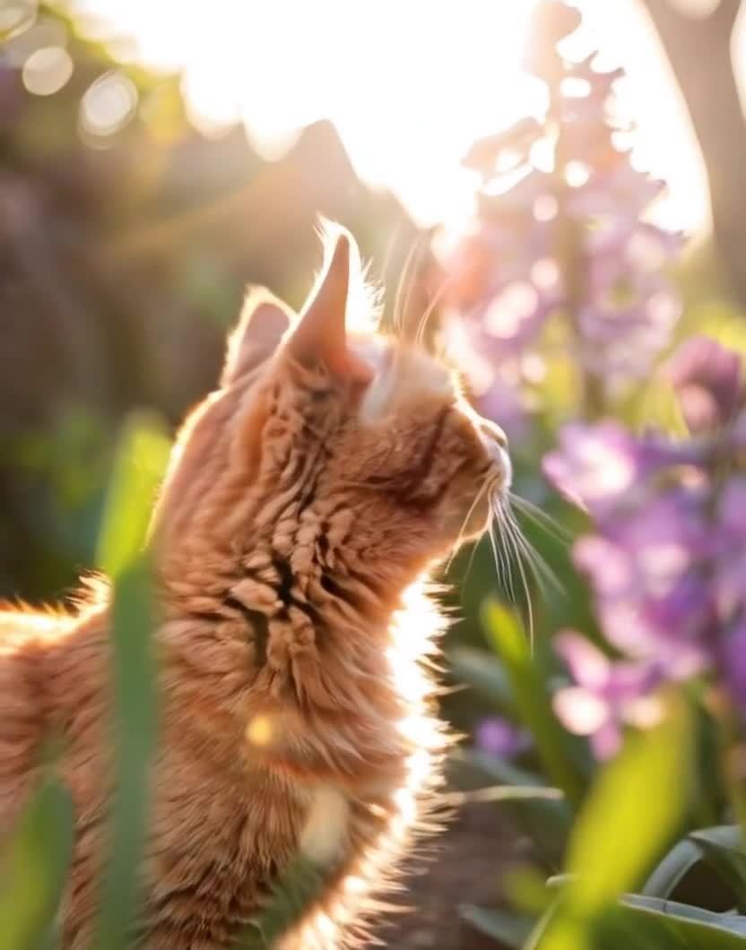 橘猫仰望紫色花朵，逆光照耀下的美好瞬间