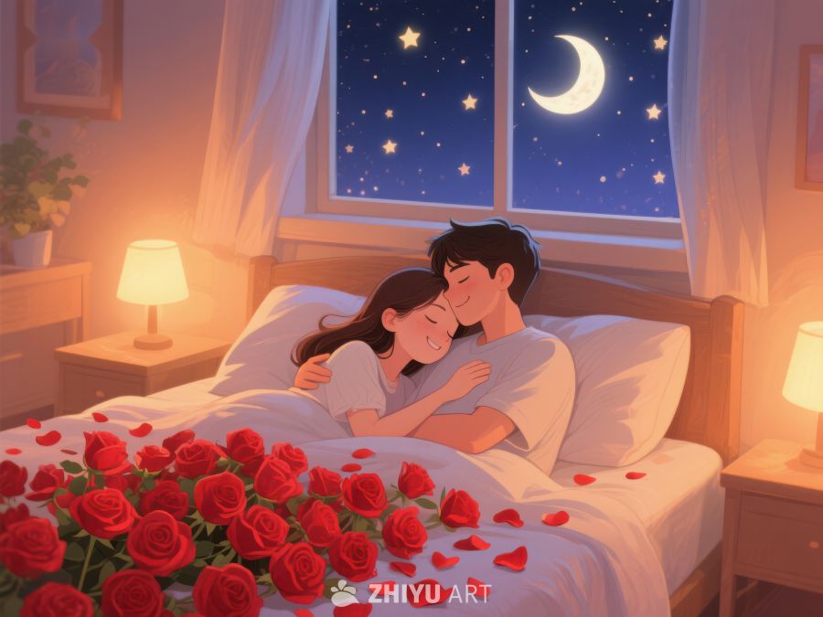 温馨夜晚，情侣共枕玫瑰相伴 841