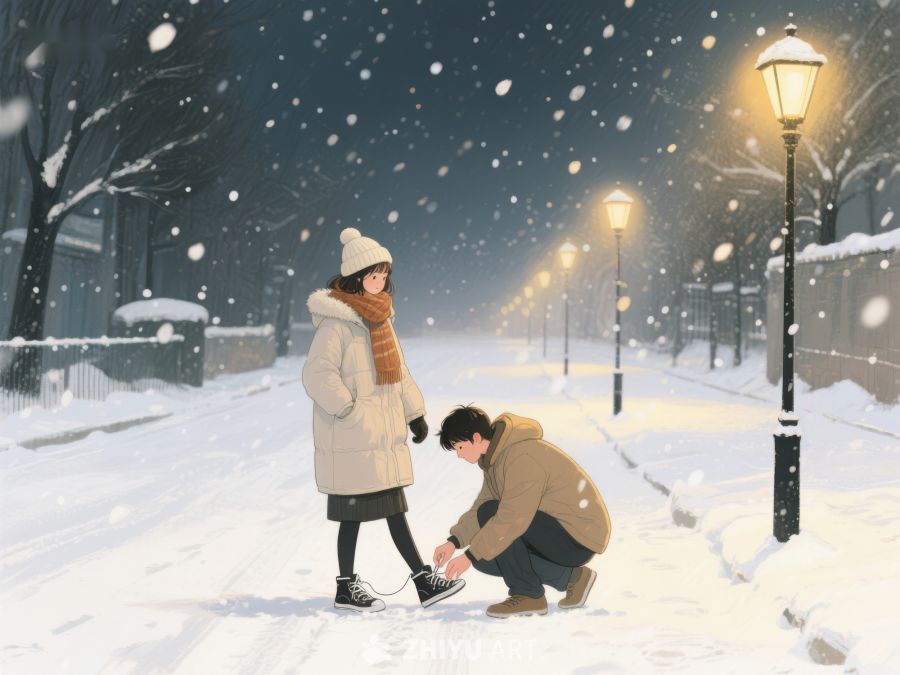 雪夜街头，男子为女子系鞋带 970