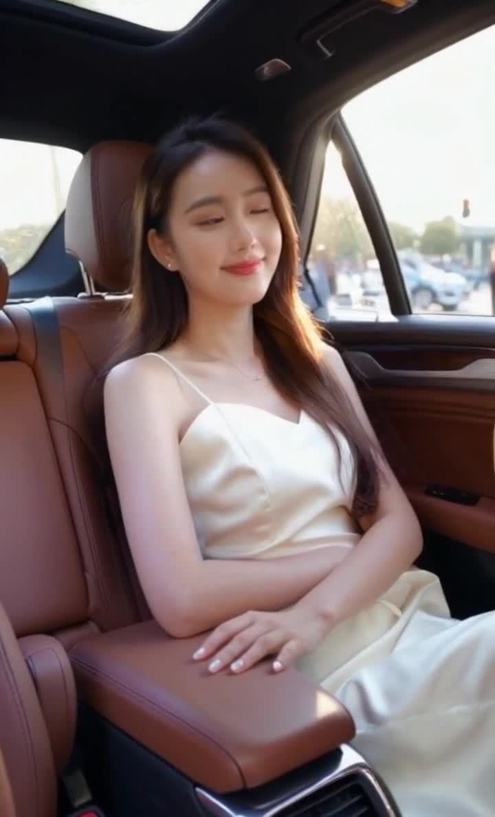 车内女子着白裙微笑，棕色内饰阳光城市背景