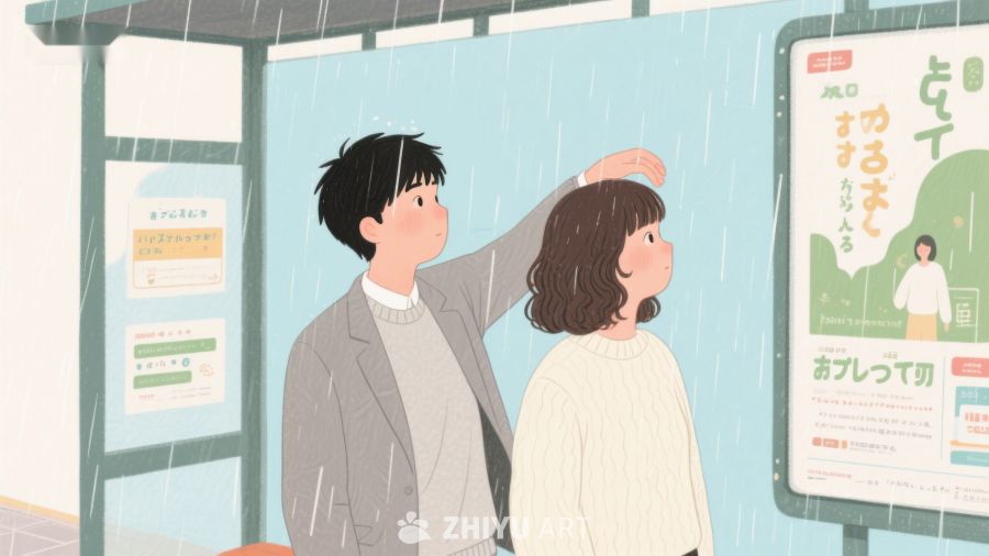 雨中车站，情侣共撑伞 612