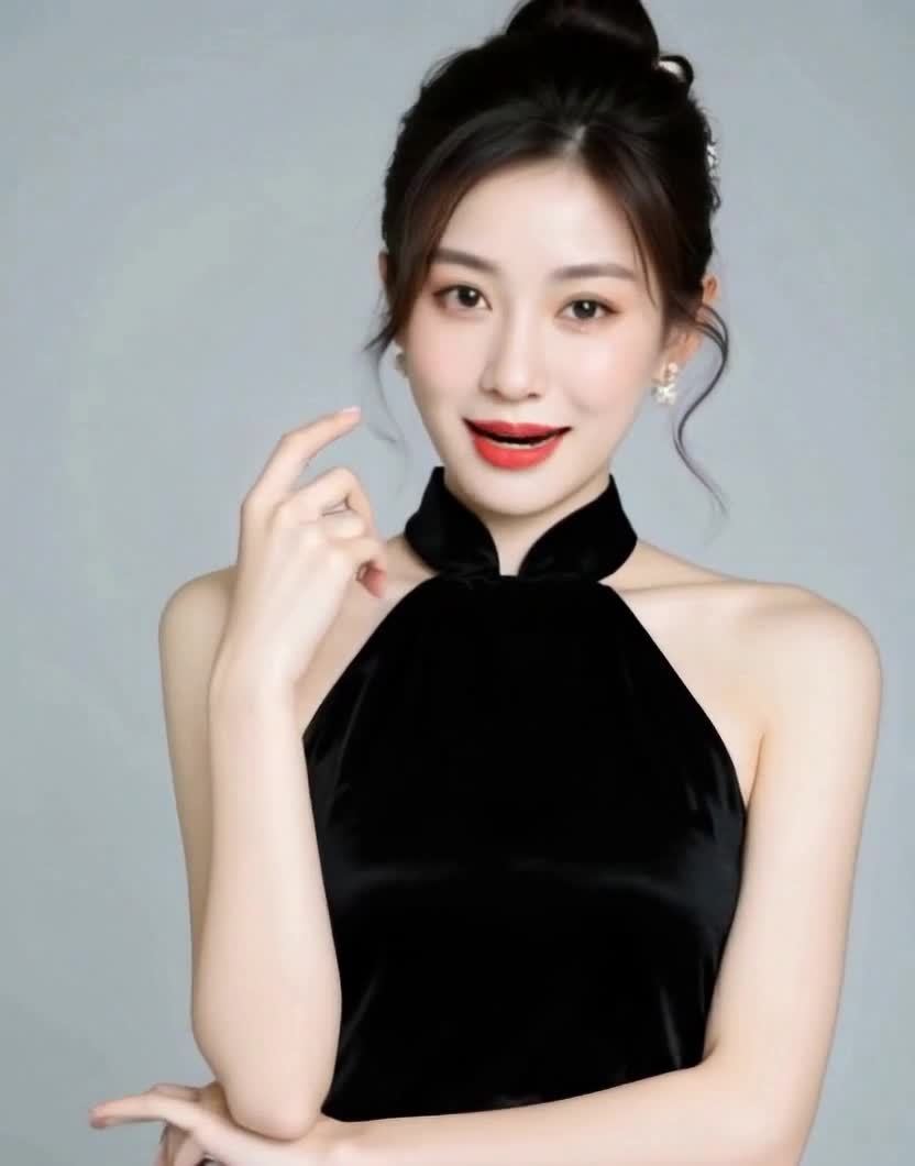 微笑盘发黑挂脖连衣裙女子