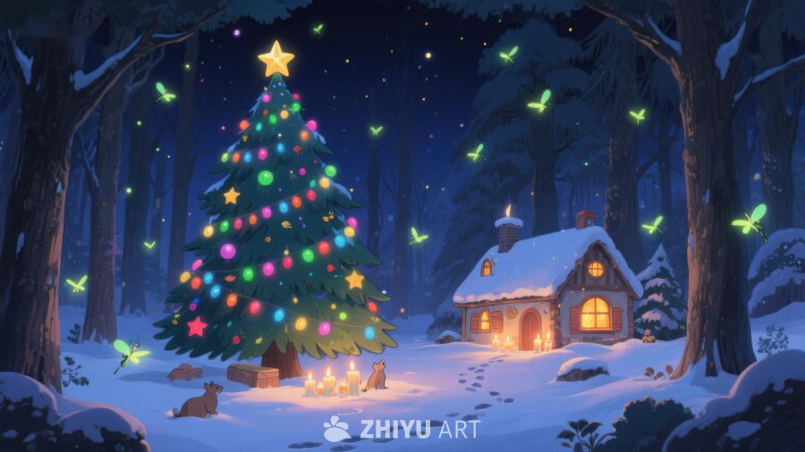 冬夜森林中的圣诞树与小屋 54