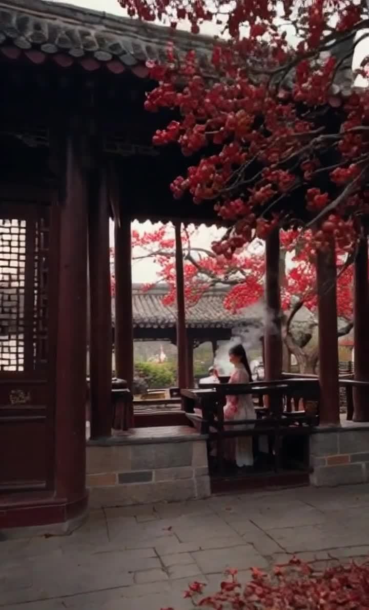 旗袍女子中式茶楼品茗庭院赏石榴花