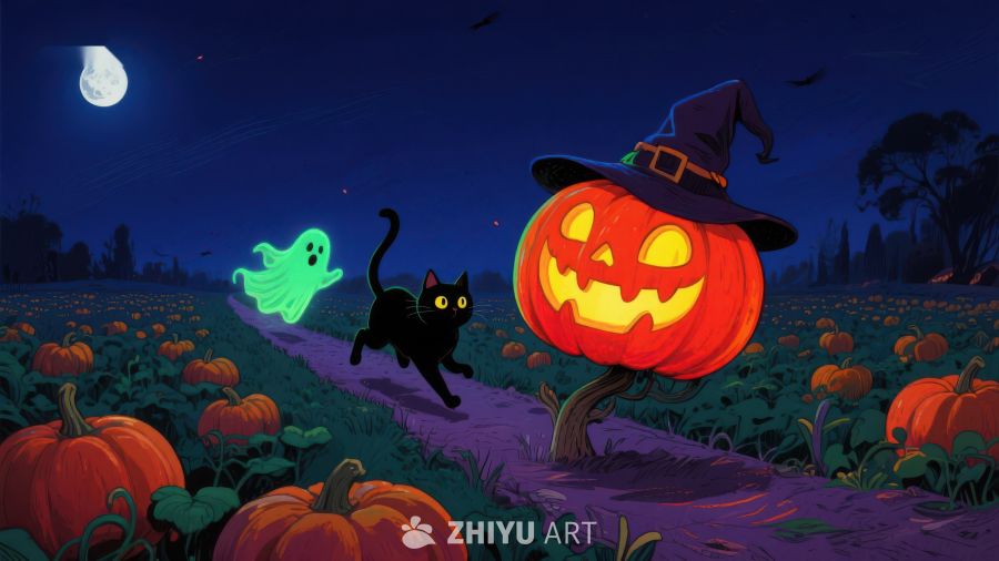 万圣夜南瓜灯与黑猫幽灵