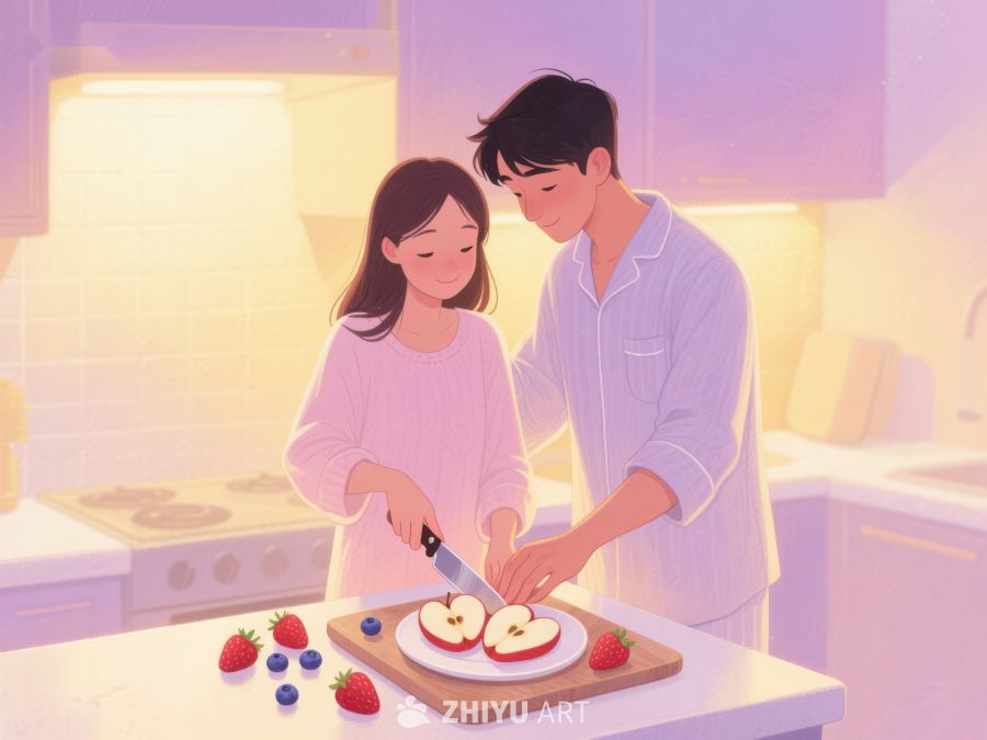 温馨厨房，两人共切苹果 713