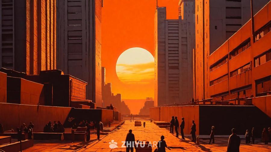 画面呈现出一个广阔的城市景观，其中混合了苏联野兽派