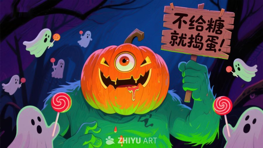万圣节南瓜怪手持糖果与标语