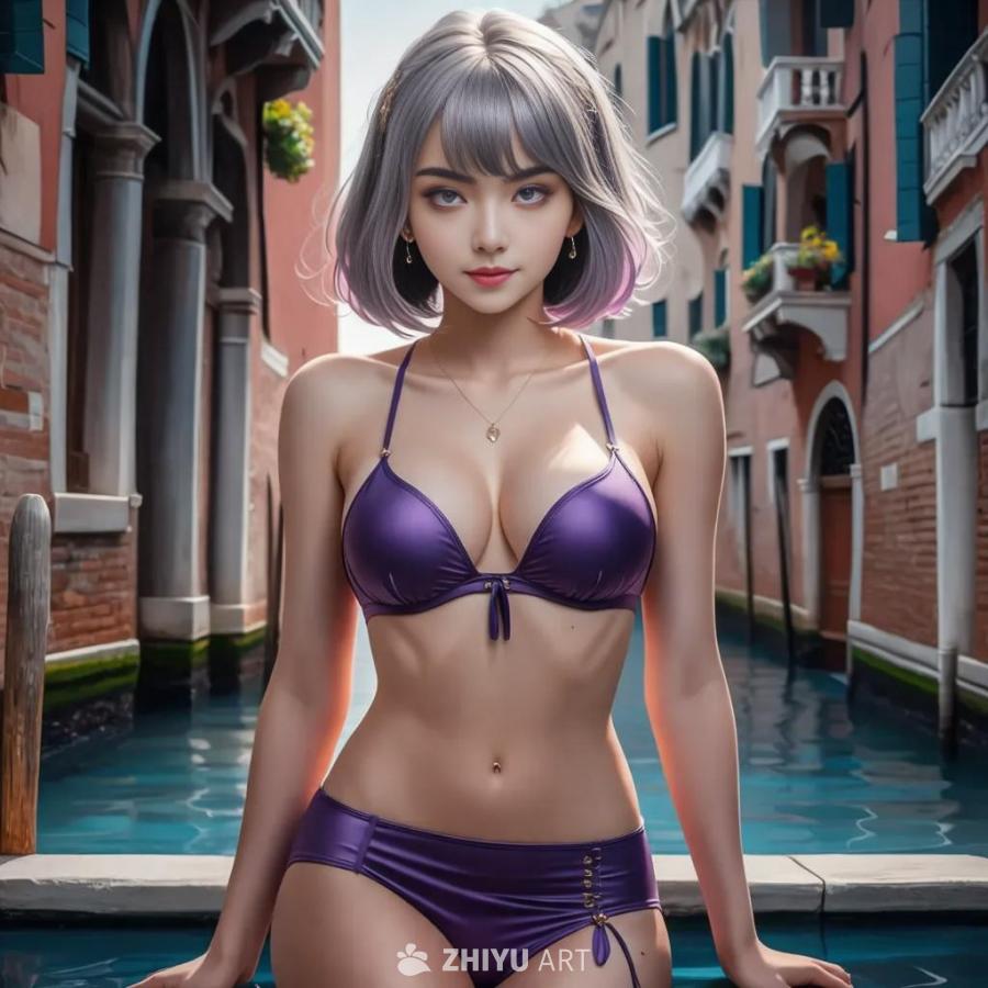 一名大约20岁的女性，身穿紫色泳衣，拥有银色头发和