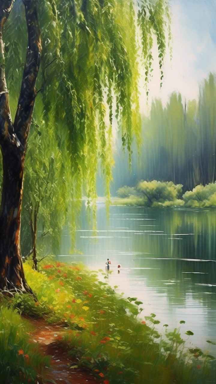 河边柳树插画风景图 15